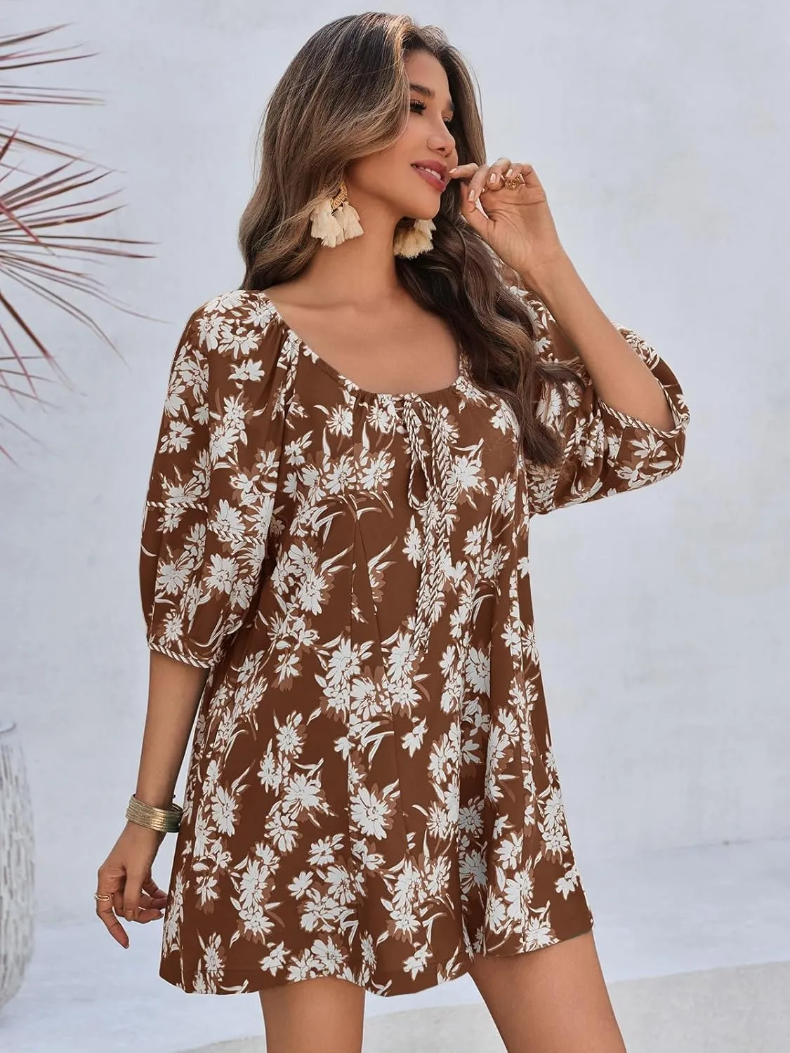 Cicy Bell Womens Summer Floral Romper Loose Scoop Neck Lantern Sleeve Short Jumpsuits Front Tie Beach Outfits