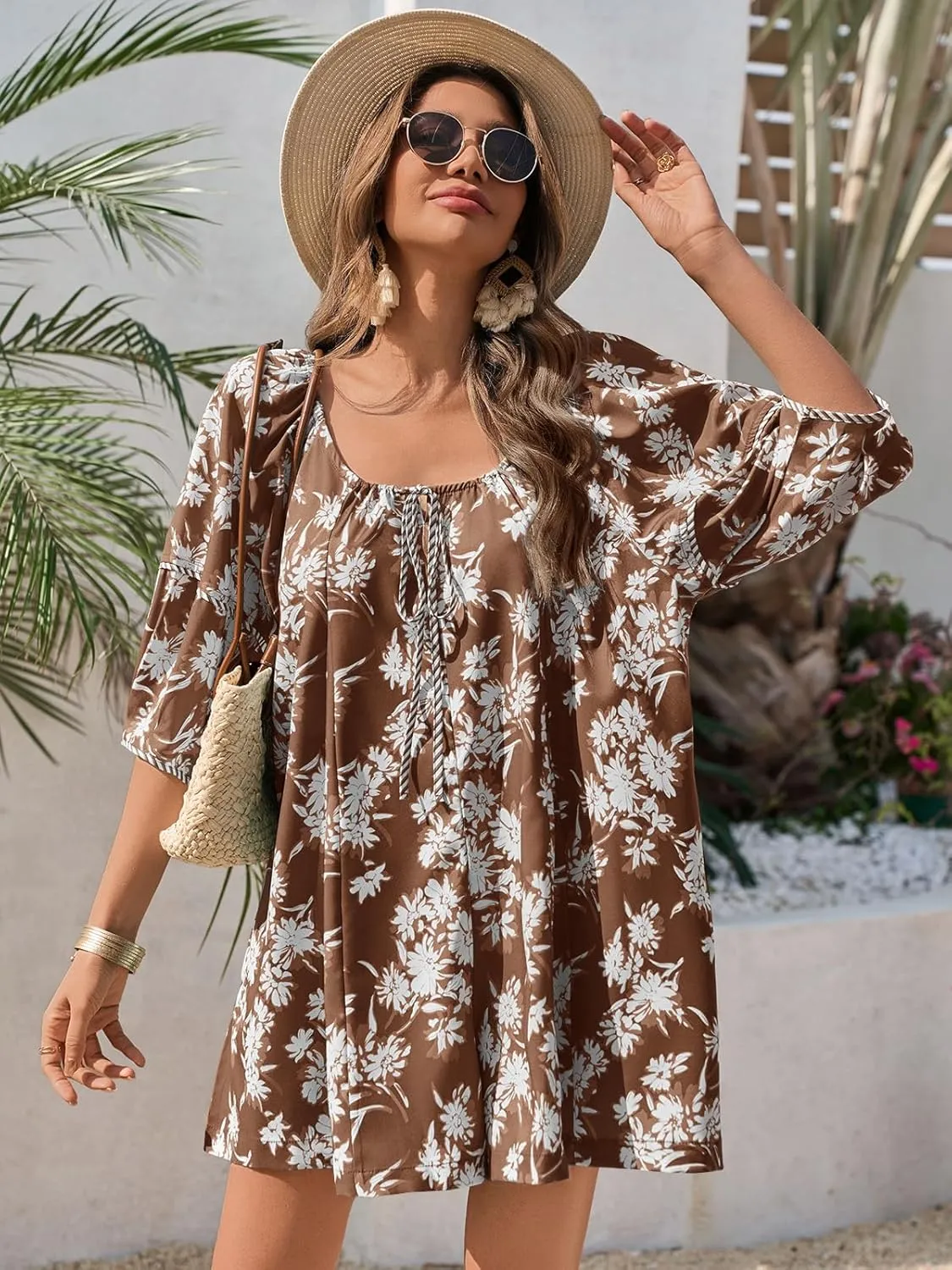 Cicy Bell Womens Summer Floral Romper Loose Scoop Neck Lantern Sleeve Short Jumpsuits Front Tie Beach Outfits