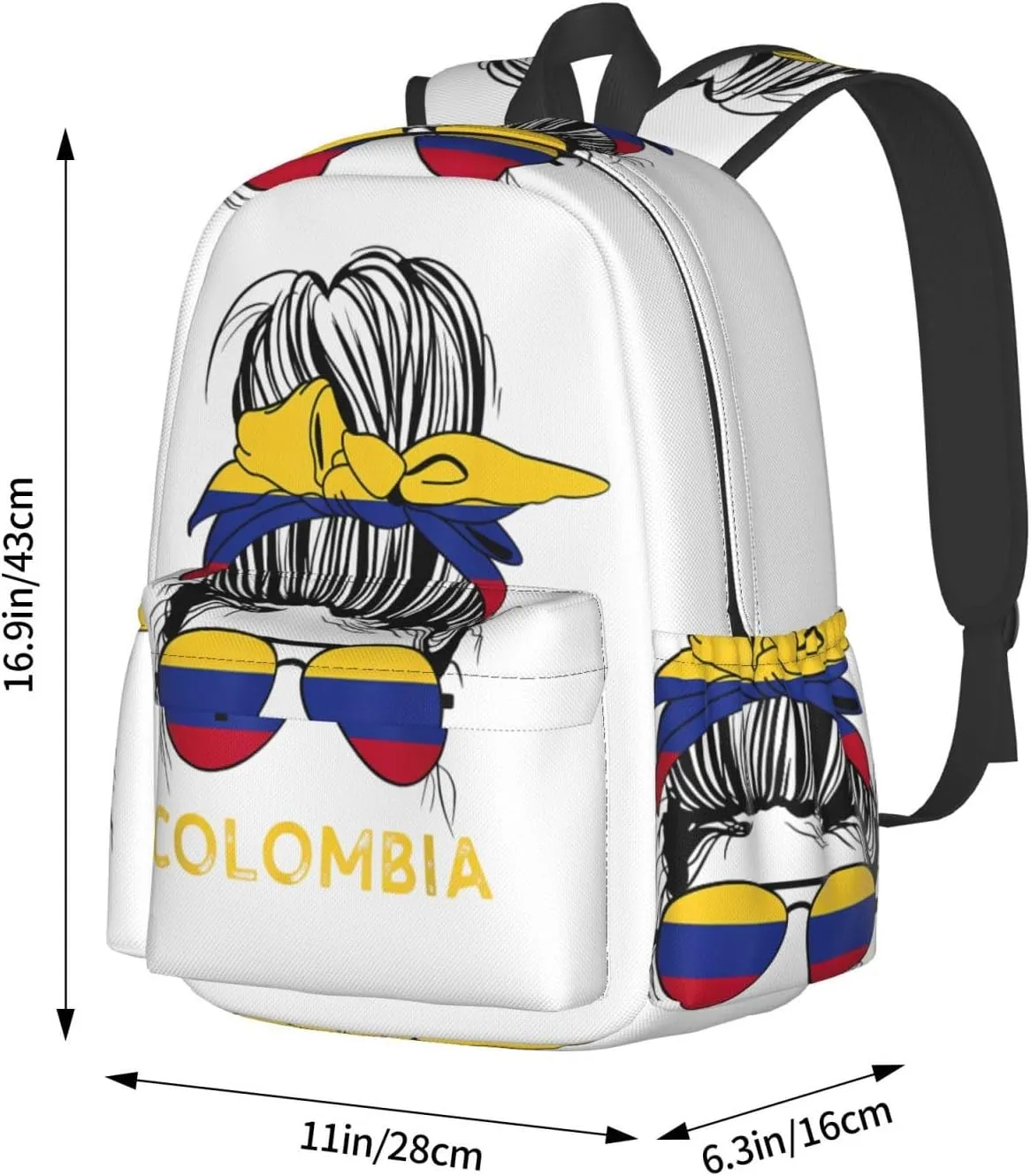 Colombian Woman Messy Hair Sunglasses Colombia Flag Laptop Commuter Backpack Shoulder Bag Casual Back Pack Daypack Bags With Side Pockets For Work Travel Daily Use