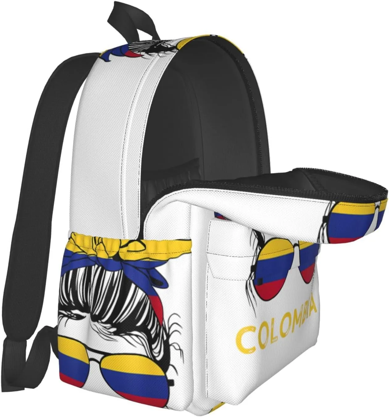 Colombian Woman Messy Hair Sunglasses Colombia Flag Laptop Commuter Backpack Shoulder Bag Casual Back Pack Daypack Bags With Side Pockets For Work Travel Daily Use