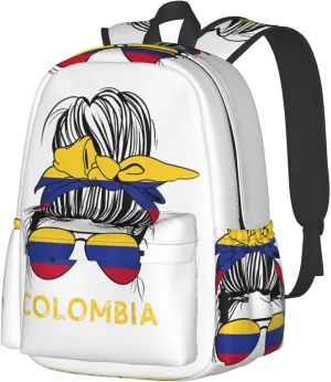 Colombian Woman Messy Hair Sunglasses Colombia Flag Laptop Commuter Backpack Shoulder Bag Casual Back Pack Daypack Bags With Side Pockets For Work Travel Daily Use