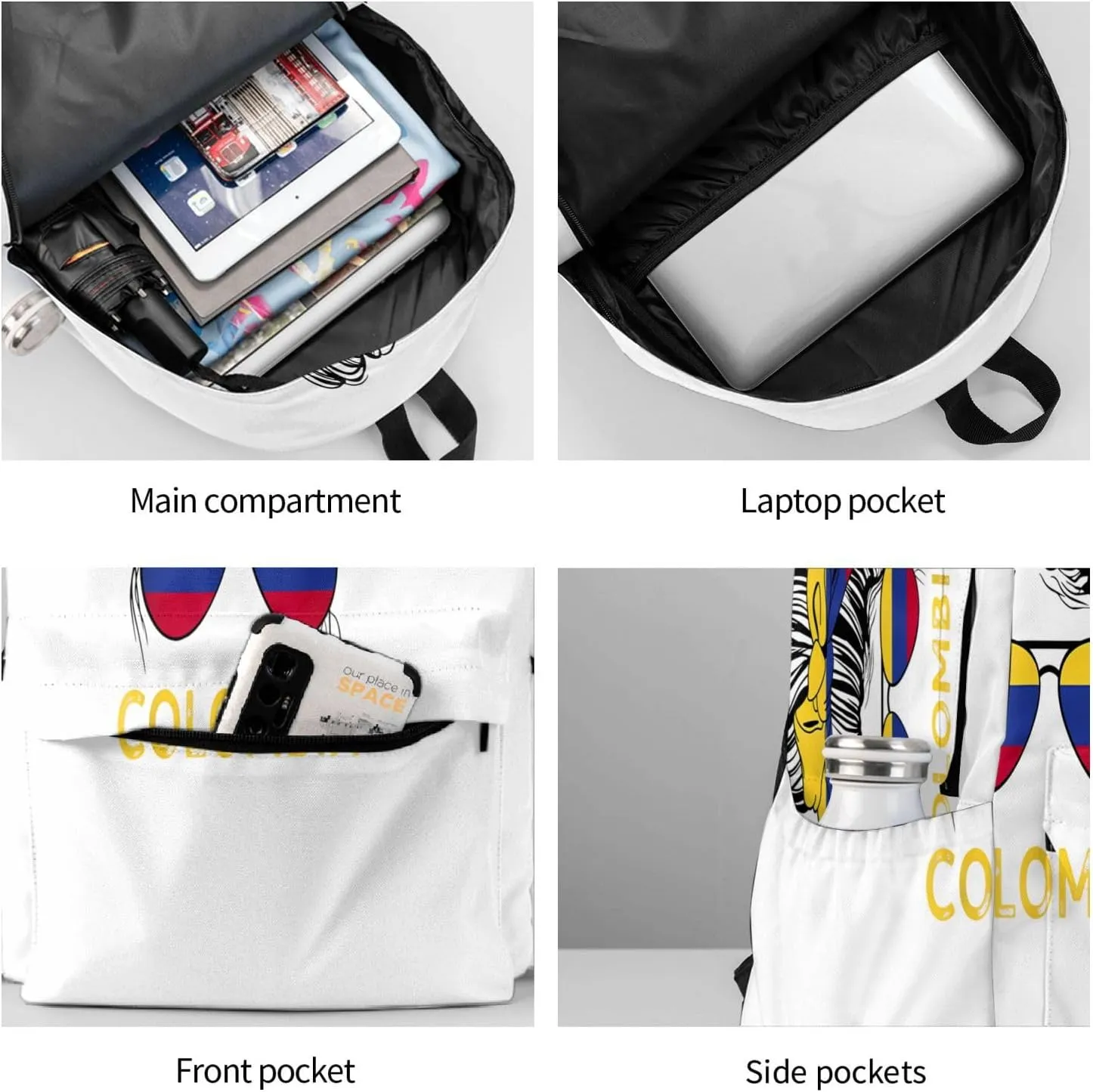 Colombian Woman Messy Hair Sunglasses Colombia Flag Laptop Commuter Backpack Shoulder Bag Casual Back Pack Daypack Bags With Side Pockets For Work Travel Daily Use