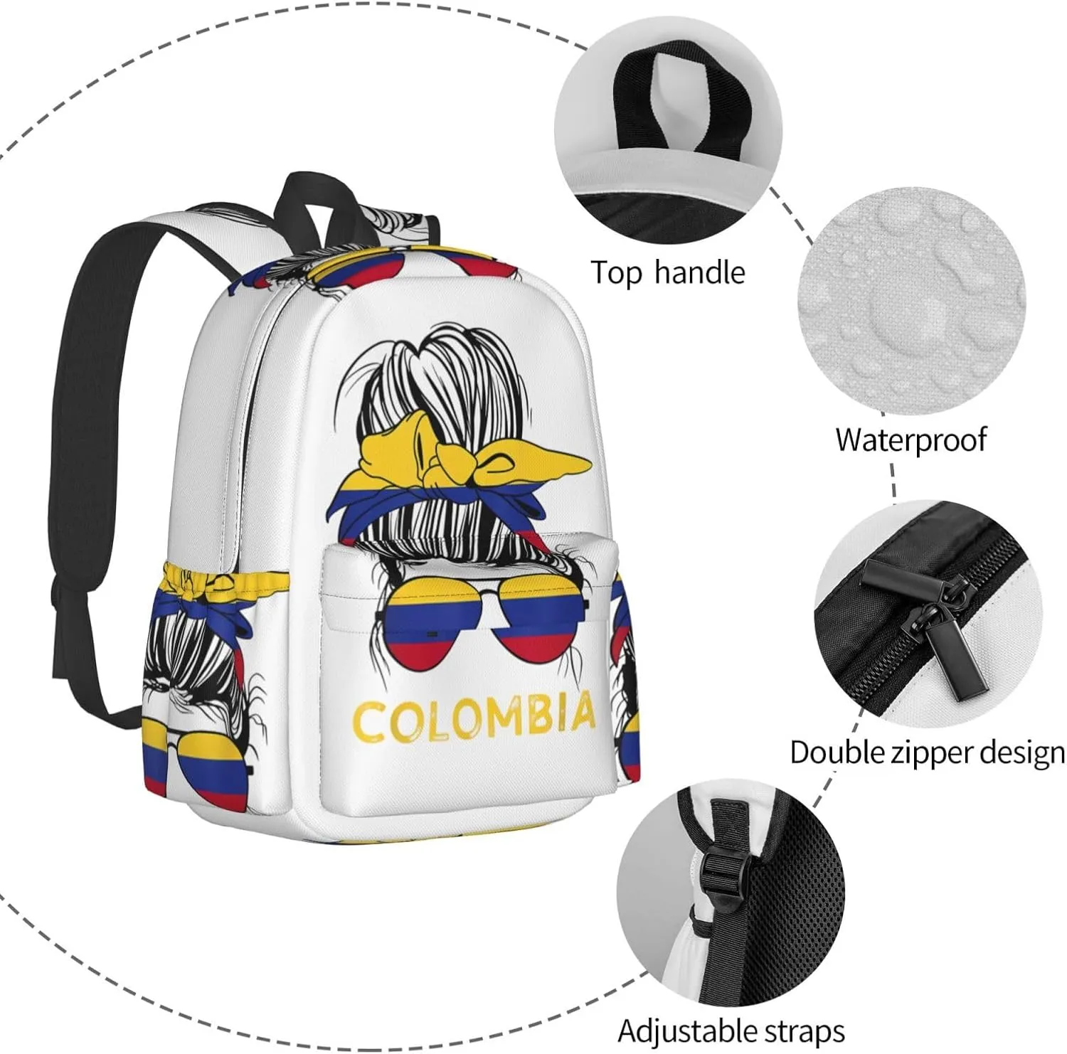 Colombian Woman Messy Hair Sunglasses Colombia Flag Laptop Commuter Backpack Shoulder Bag Casual Back Pack Daypack Bags With Side Pockets For Work Travel Daily Use