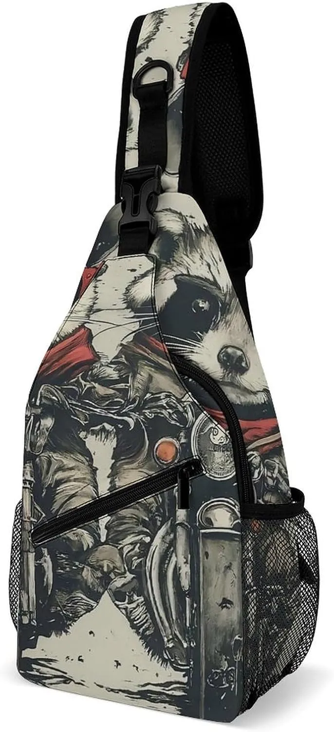 Cool Possum Raccoon Sling Bag Crossbody for Women Men Lightweight Adjustable Extender Strap Sunglasses Motorcycle Funny Shoulder Backpack with Water Bottle Holder Casual Daypack for Hiking Trav