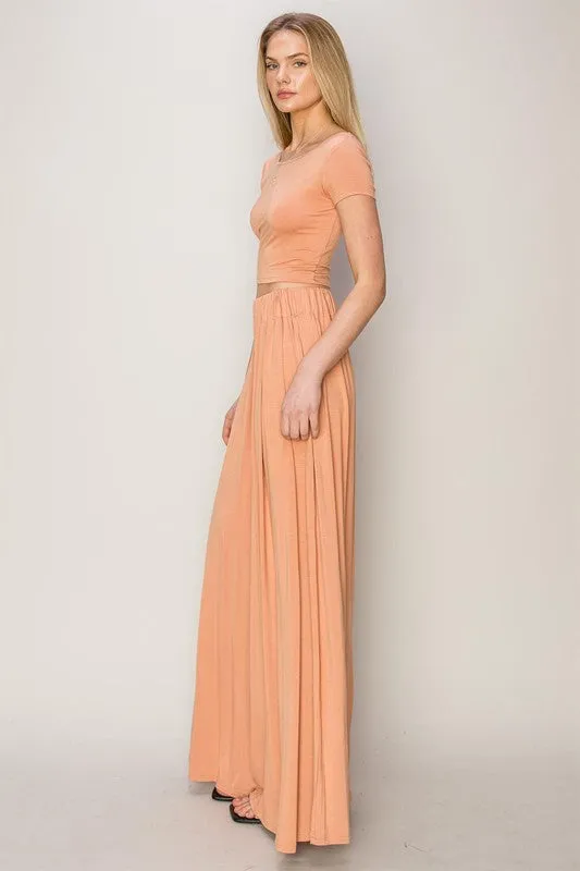 Copper Tan Jersey Top And Wide Leg Pants Set