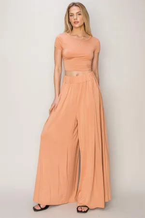Copper Tan Jersey Top And Wide Leg Pants Set