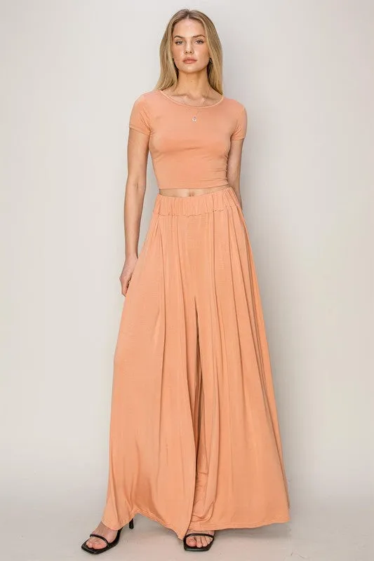 Copper Tan Jersey Top And Wide Leg Pants Set