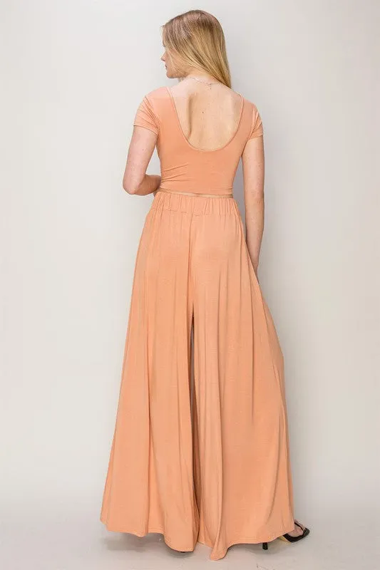 Copper Tan Jersey Top And Wide Leg Pants Set