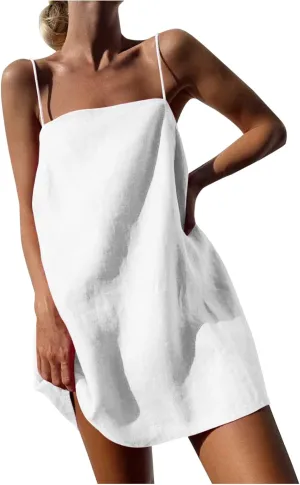 Cotton Linen Dress for Women, Square Neck Spaghetti Strap Dresses Summer Sleeveless Beach Sundress Zipper Cover Ups