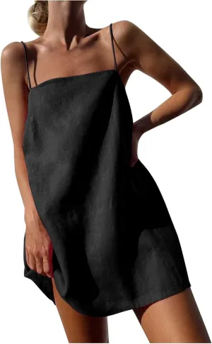 Cotton Linen Dress for Women, Square Neck Spaghetti Strap Dresses Summer Sleeveless Beach Sundress Zipper Cover Ups
