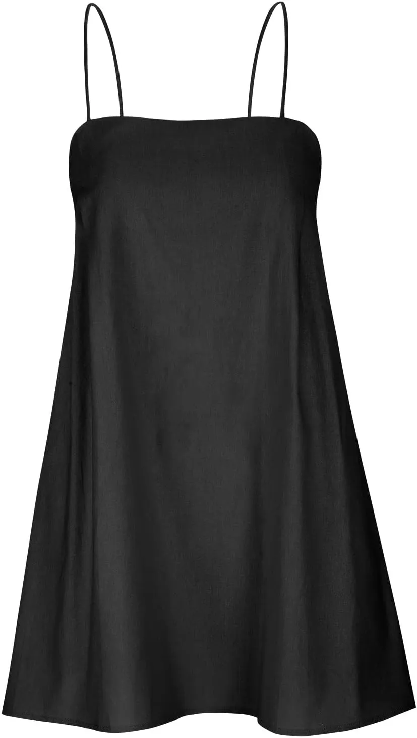 Cotton Linen Dress for Women, Square Neck Spaghetti Strap Dresses Summer Sleeveless Beach Sundress Zipper Cover Ups