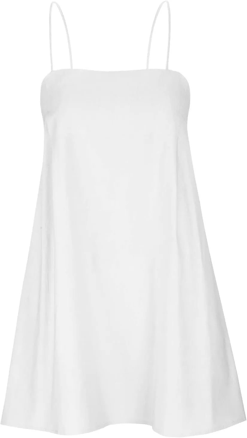 Cotton Linen Dress for Women, Square Neck Spaghetti Strap Dresses Summer Sleeveless Beach Sundress Zipper Cover Ups