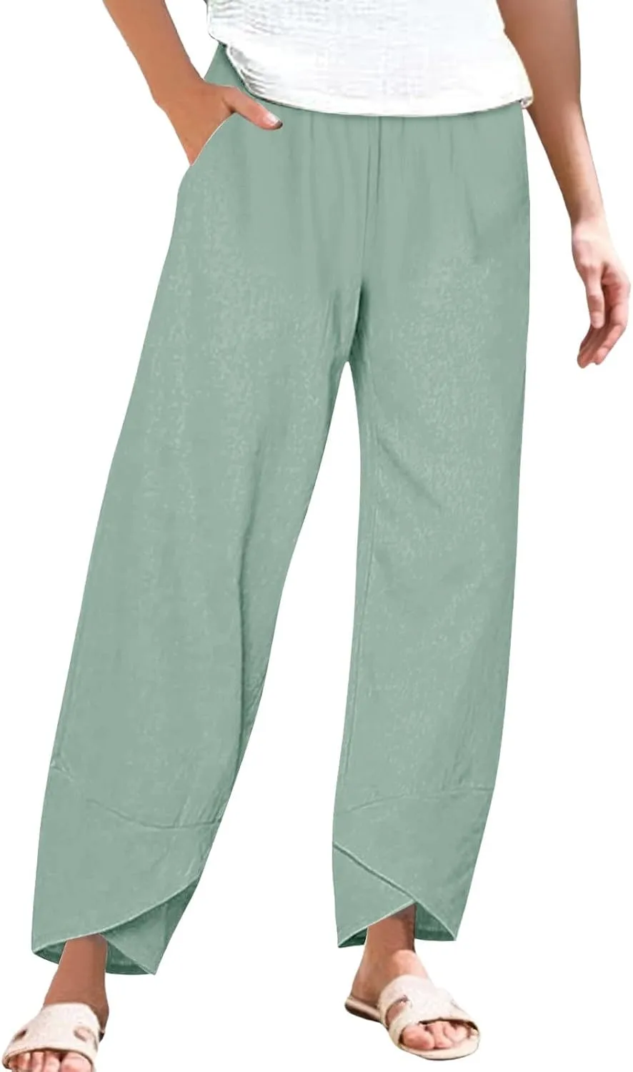 Cotton Linen Pants for Women Plus Size Cropped Wide Leg Summer Casual Loose Fit Trousers Beach Lounge Work