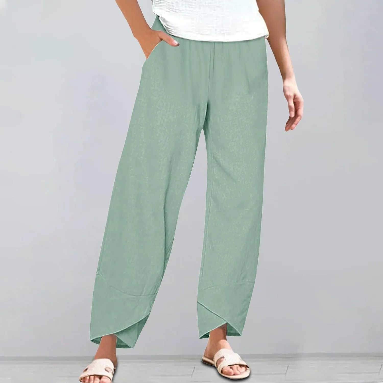 Cotton Linen Pants for Women Plus Size Cropped Wide Leg Summer Casual Loose Fit Trousers Beach Lounge Work