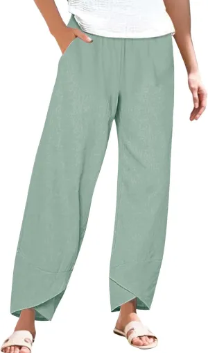 Cotton Linen Pants for Women Plus Size Cropped Wide Leg Summer Casual Loose Fit Trousers Beach Lounge Work