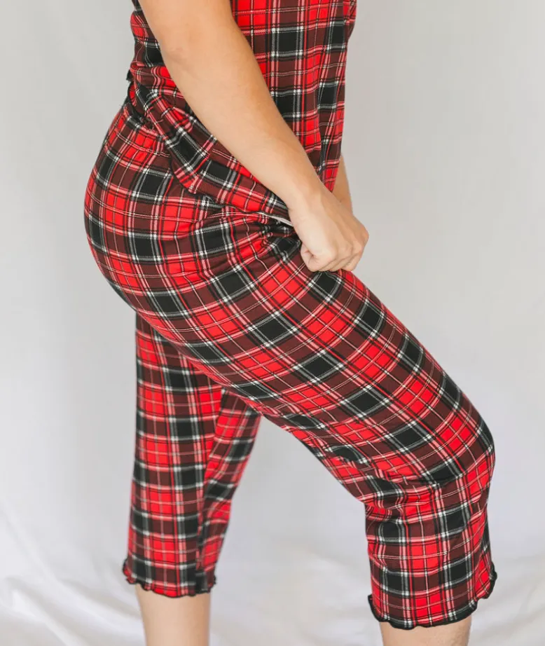 Cozy Red Plaid Short Sleeve Pajama Capris Set