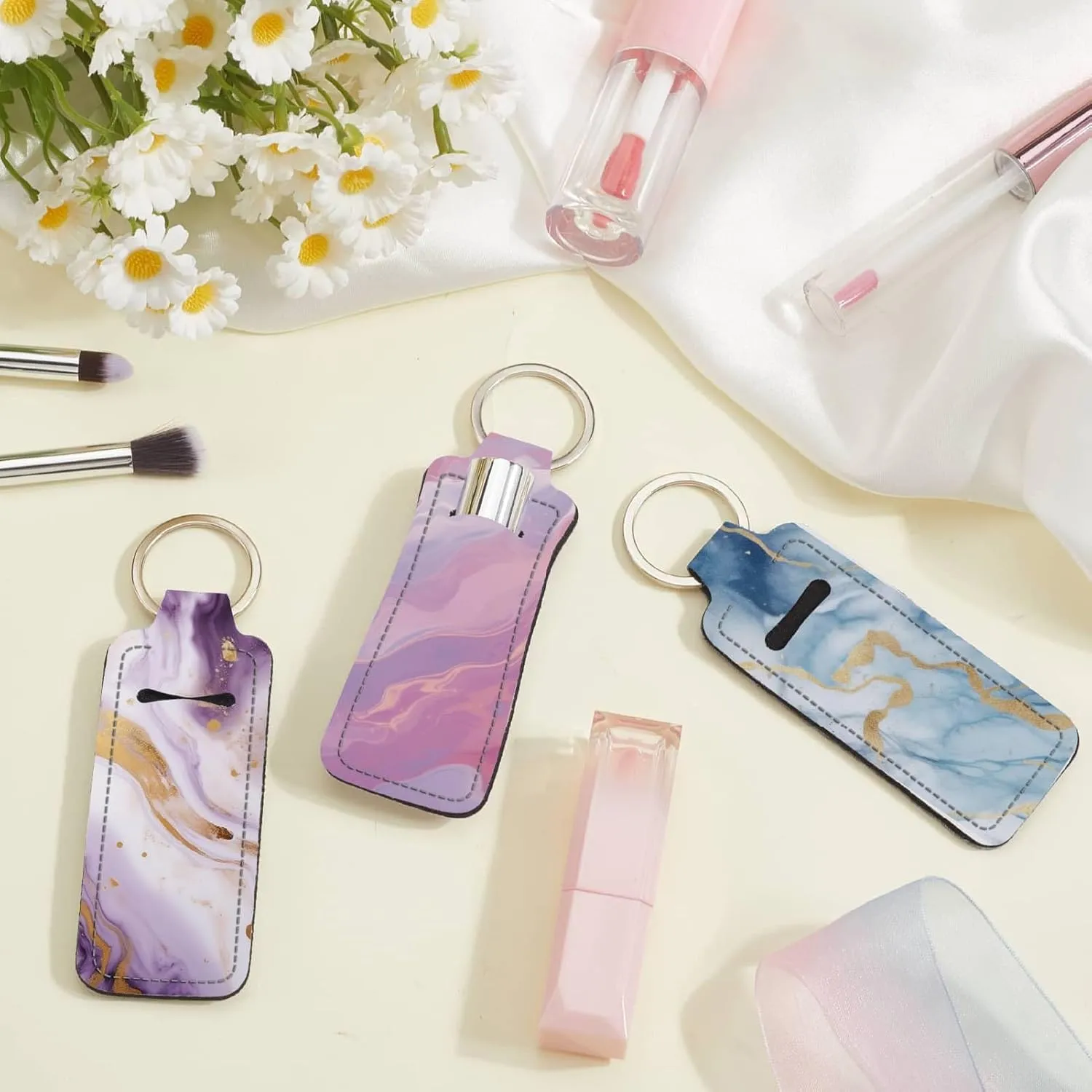 CRASPIRE Chapstick Holder Keychain Marbling Style Lip Balm Pouch Colorful Rectangle Neoprene Printed Rubber Lipstick Portable Pocket Gloss Case Sleeve for Women Holiday Travel Makeup Storage Bag