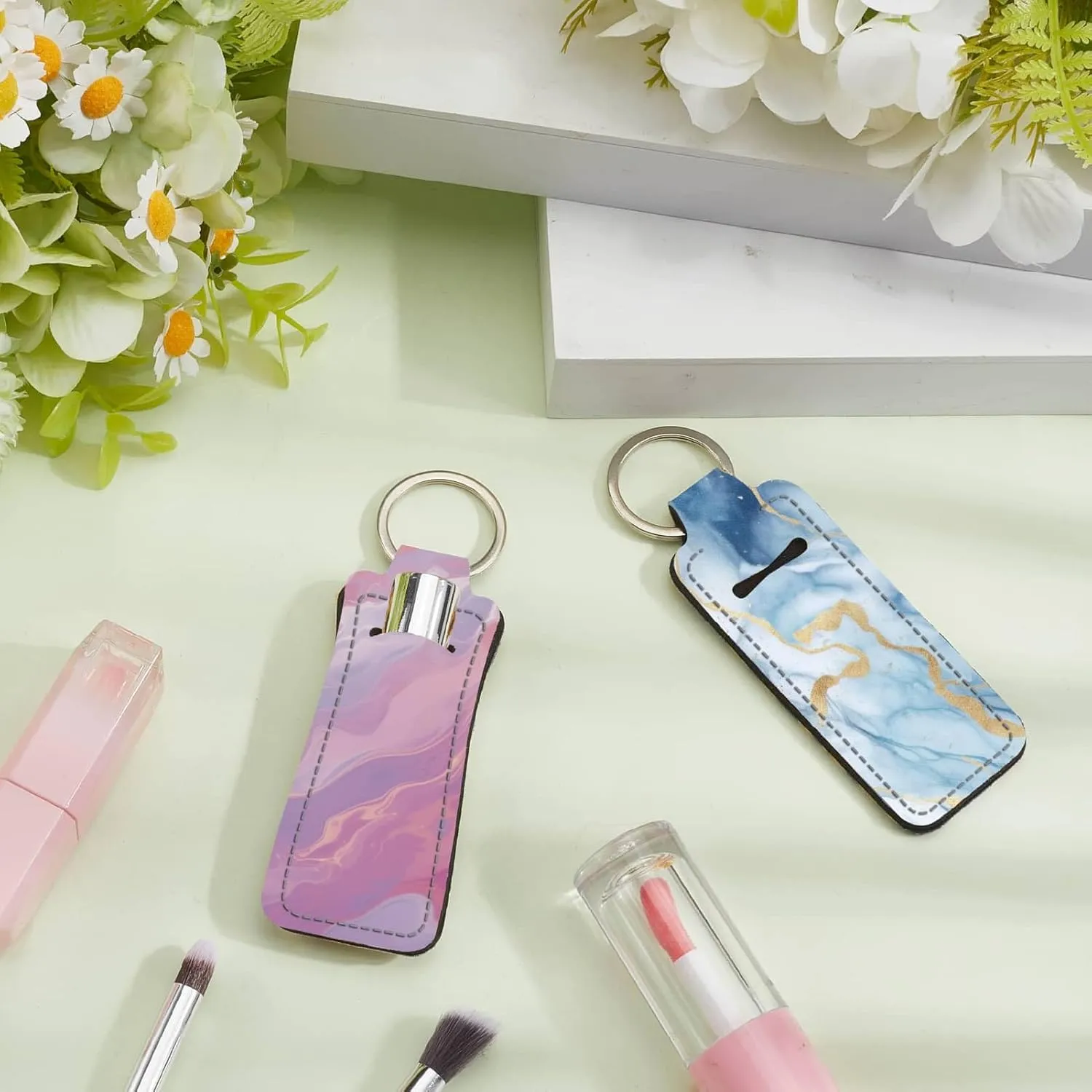CRASPIRE Chapstick Holder Keychain Marbling Style Lip Balm Pouch Colorful Rectangle Neoprene Printed Rubber Lipstick Portable Pocket Gloss Case Sleeve for Women Holiday Travel Makeup Storage Bag
