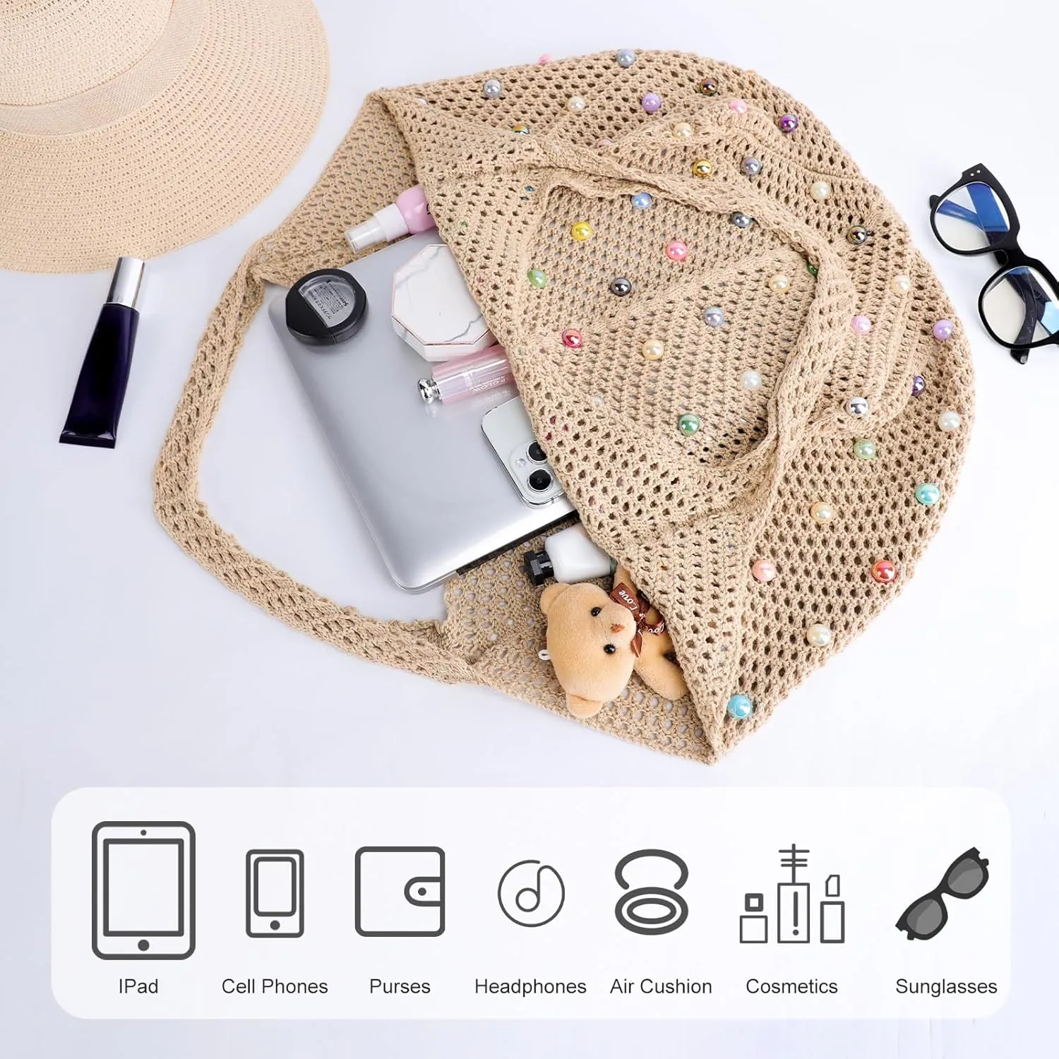 Crochet Tote Bag for Women Mesh Summer Beach Bag Large Knitted Bag Woven Shoulder Handbag Vacation Aesthetic Hobo Bag Travel