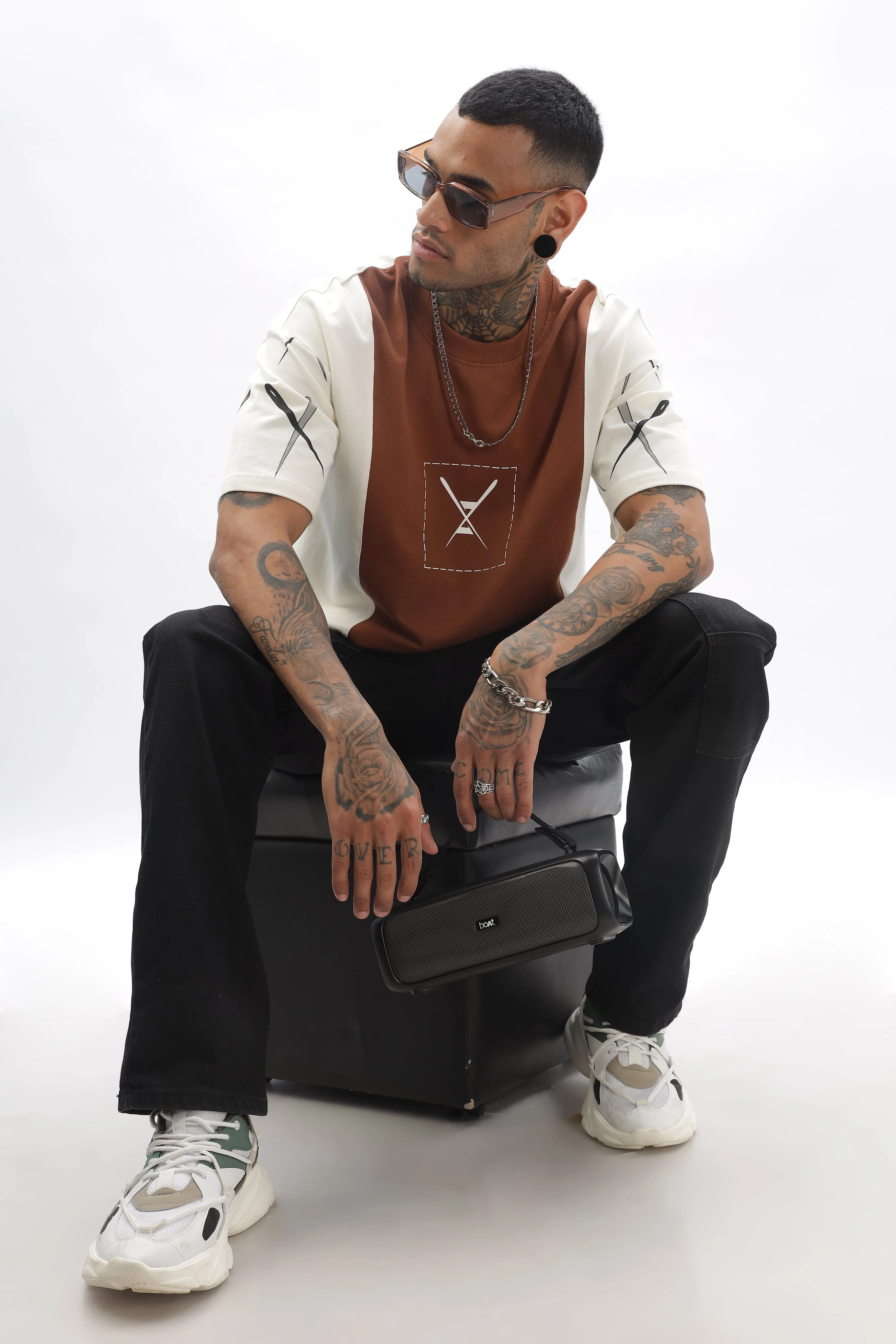 CrossBlock  Beige & Cream Dropshoulder Tee