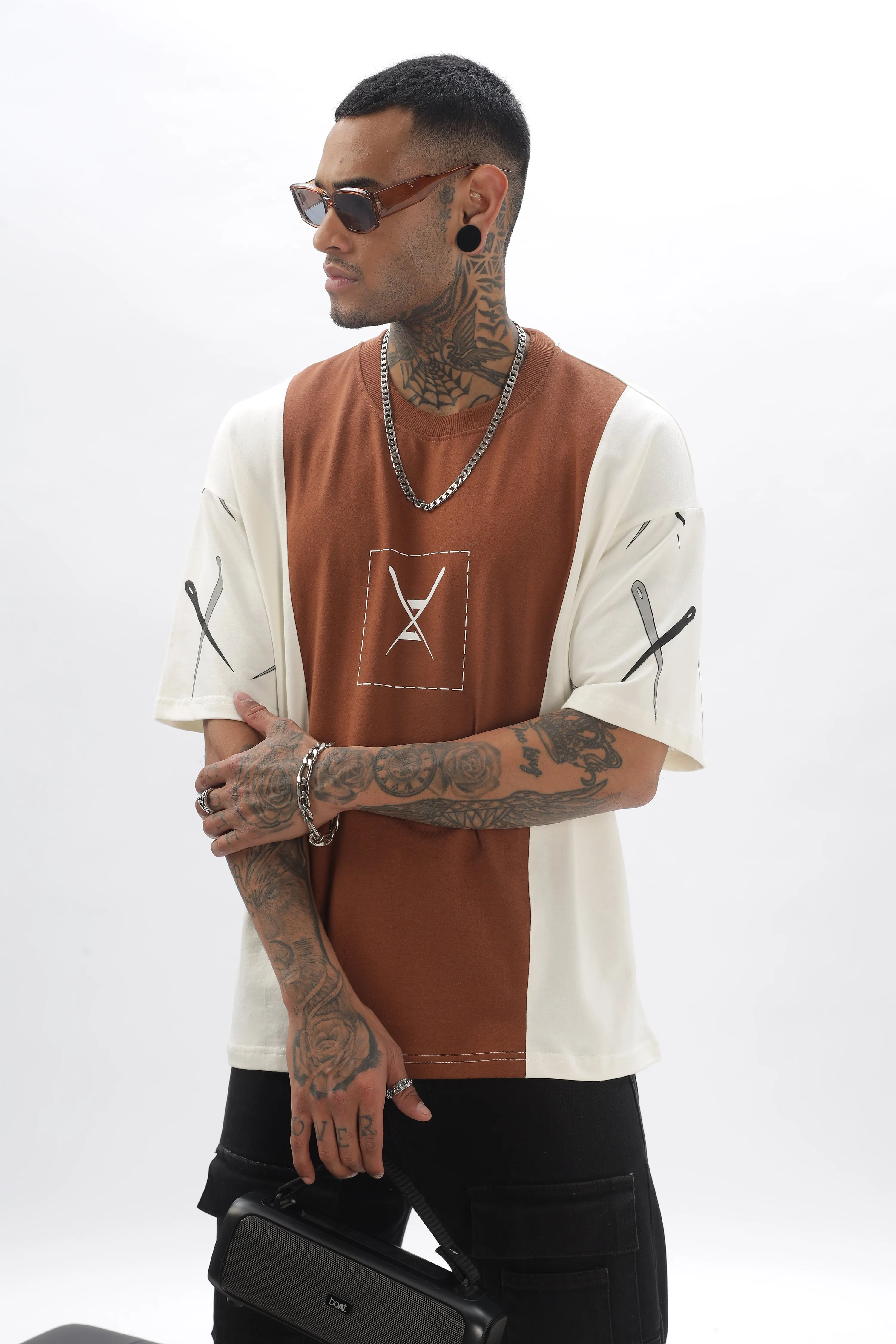 CrossBlock  Beige & Cream Dropshoulder Tee