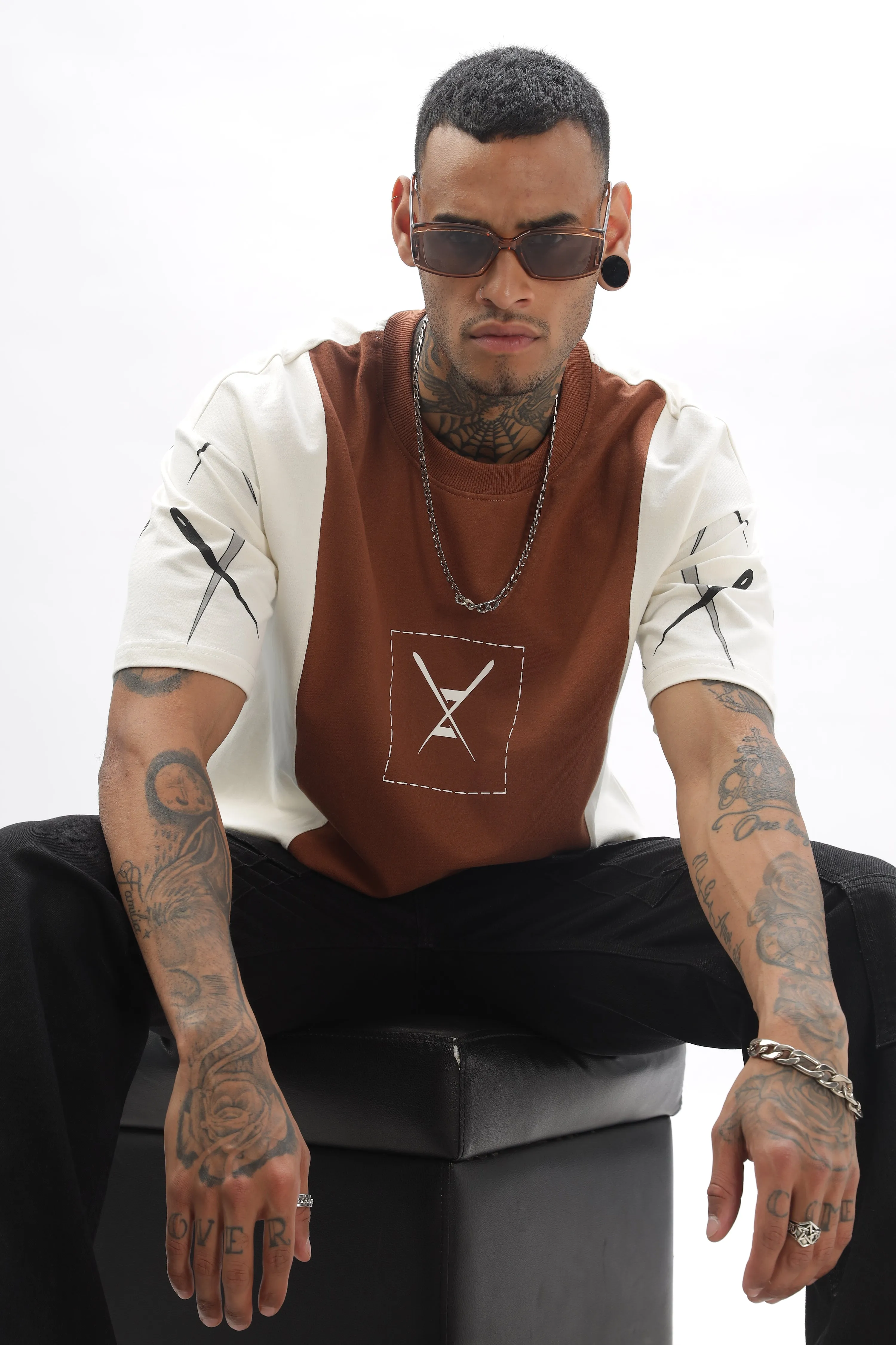 CrossBlock  Beige & Cream Dropshoulder Tee