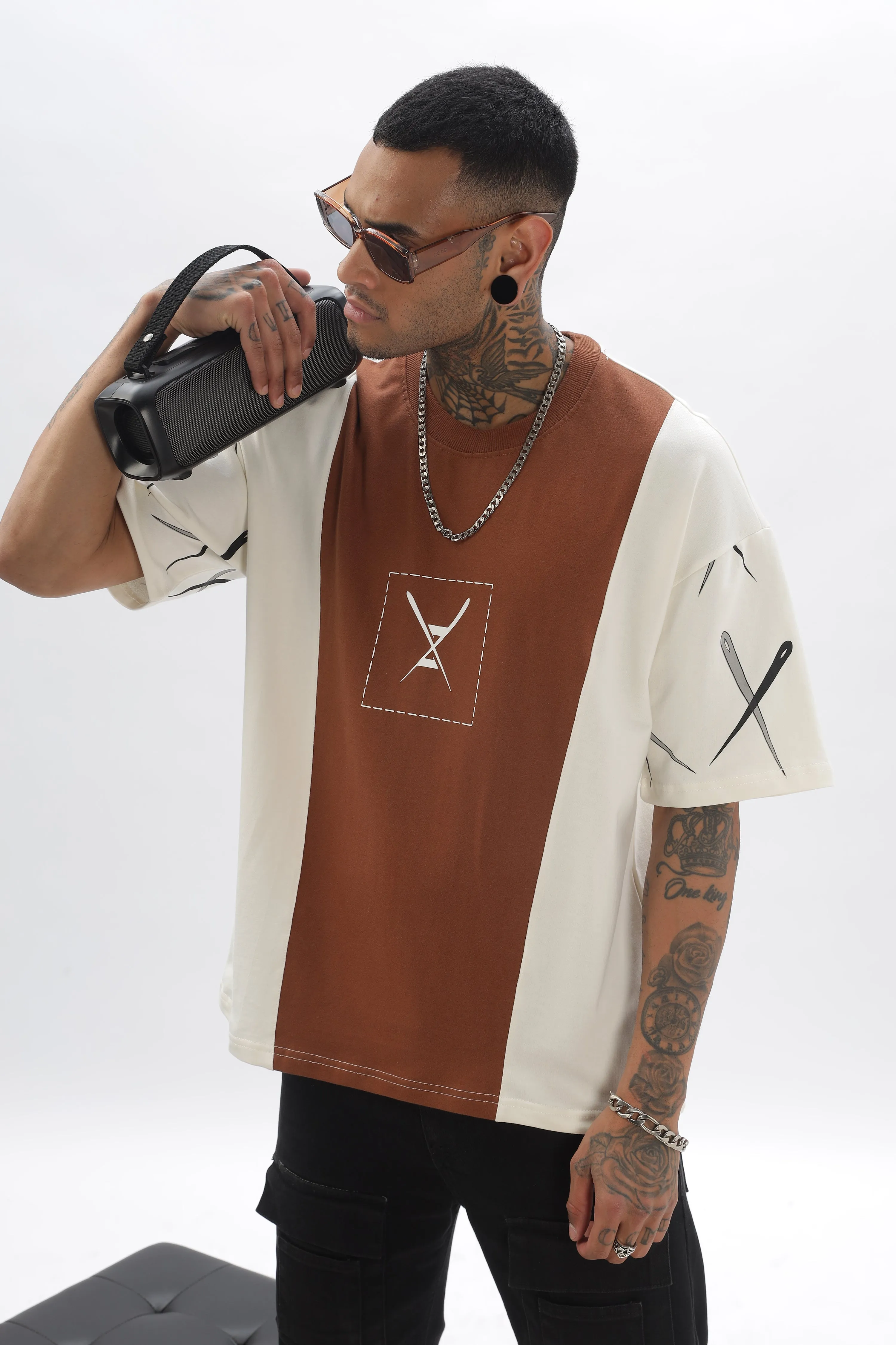 CrossBlock  Beige & Cream Dropshoulder Tee