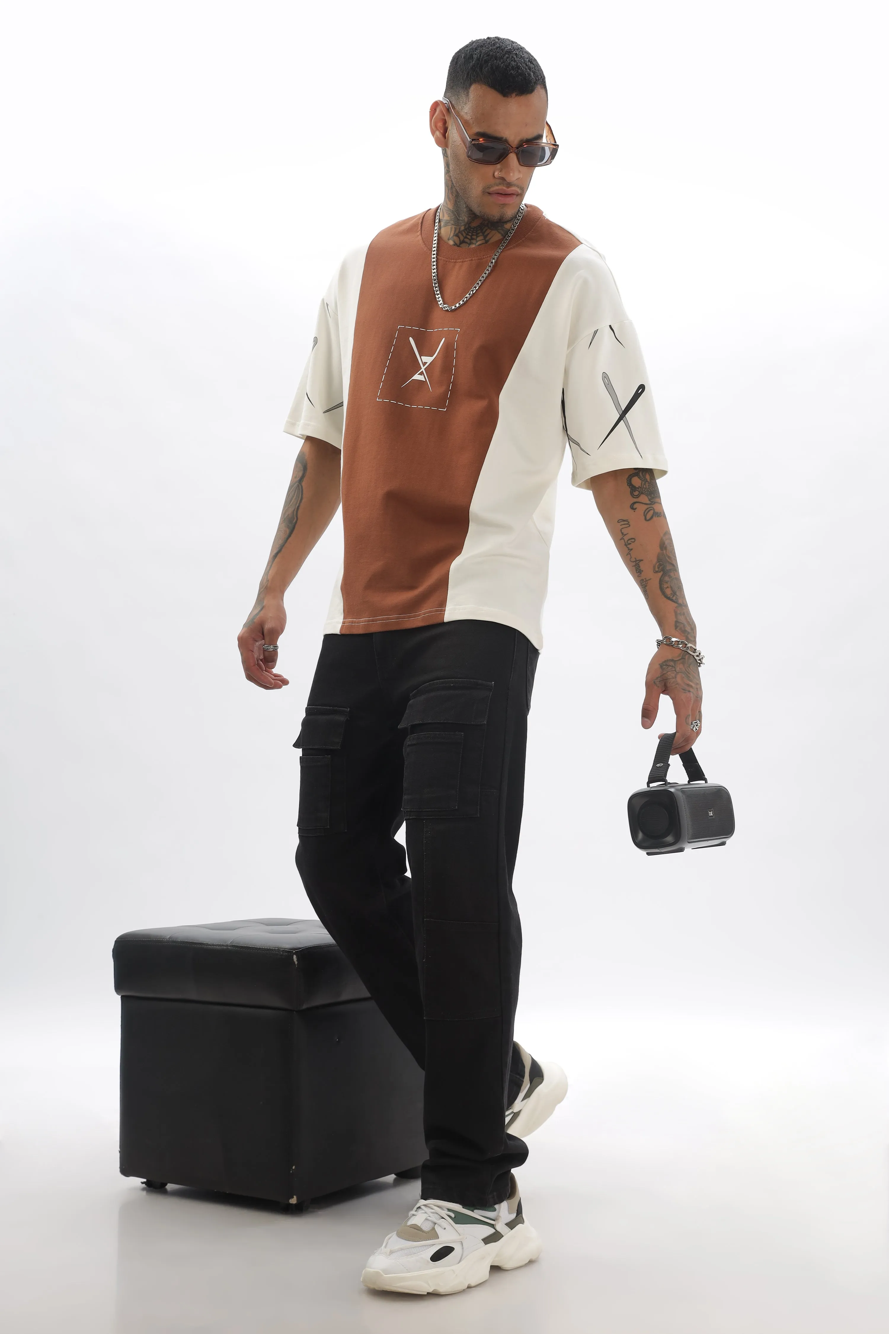 CrossBlock  Beige & Cream Dropshoulder Tee