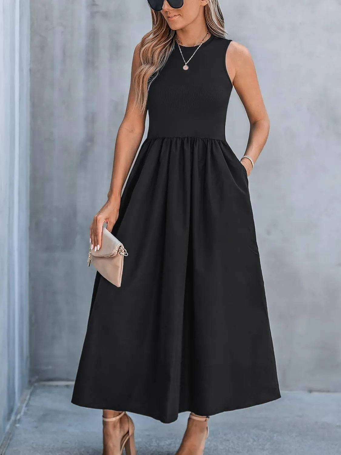 CUPSHE Formal Dress for Women 2025 Party Round Neck Knit Tank Top Cutout Sleeveless Pockets Maxi Dress