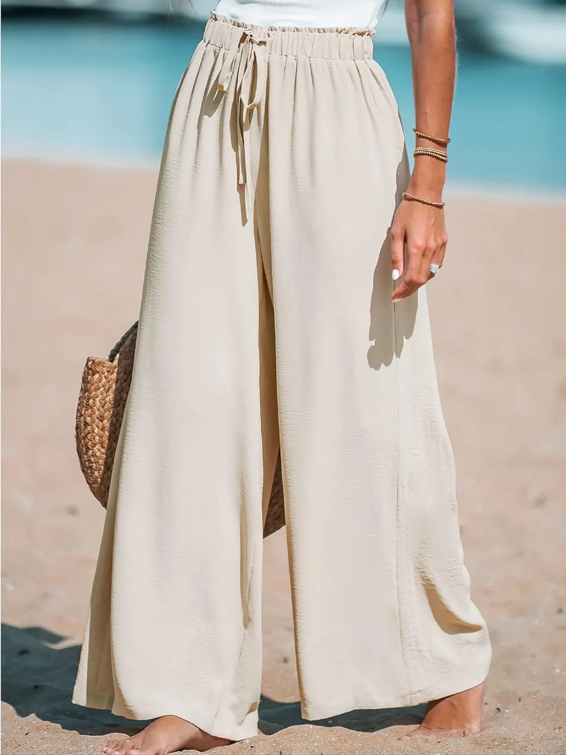 CUPSHE Women Wide Leg Pants High Waisted Trousers Linen Palazzo Lounge Beach Cover Ups Flowy Pants