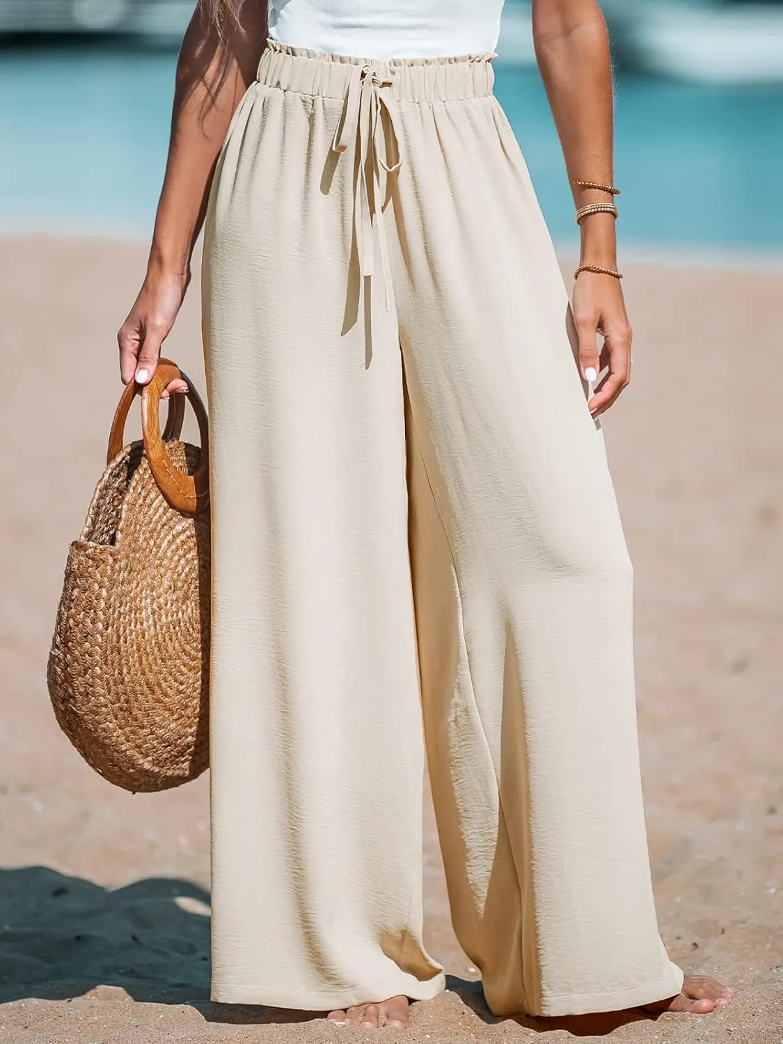 CUPSHE Women Wide Leg Pants High Waisted Trousers Linen Palazzo Lounge Beach Cover Ups Flowy Pants