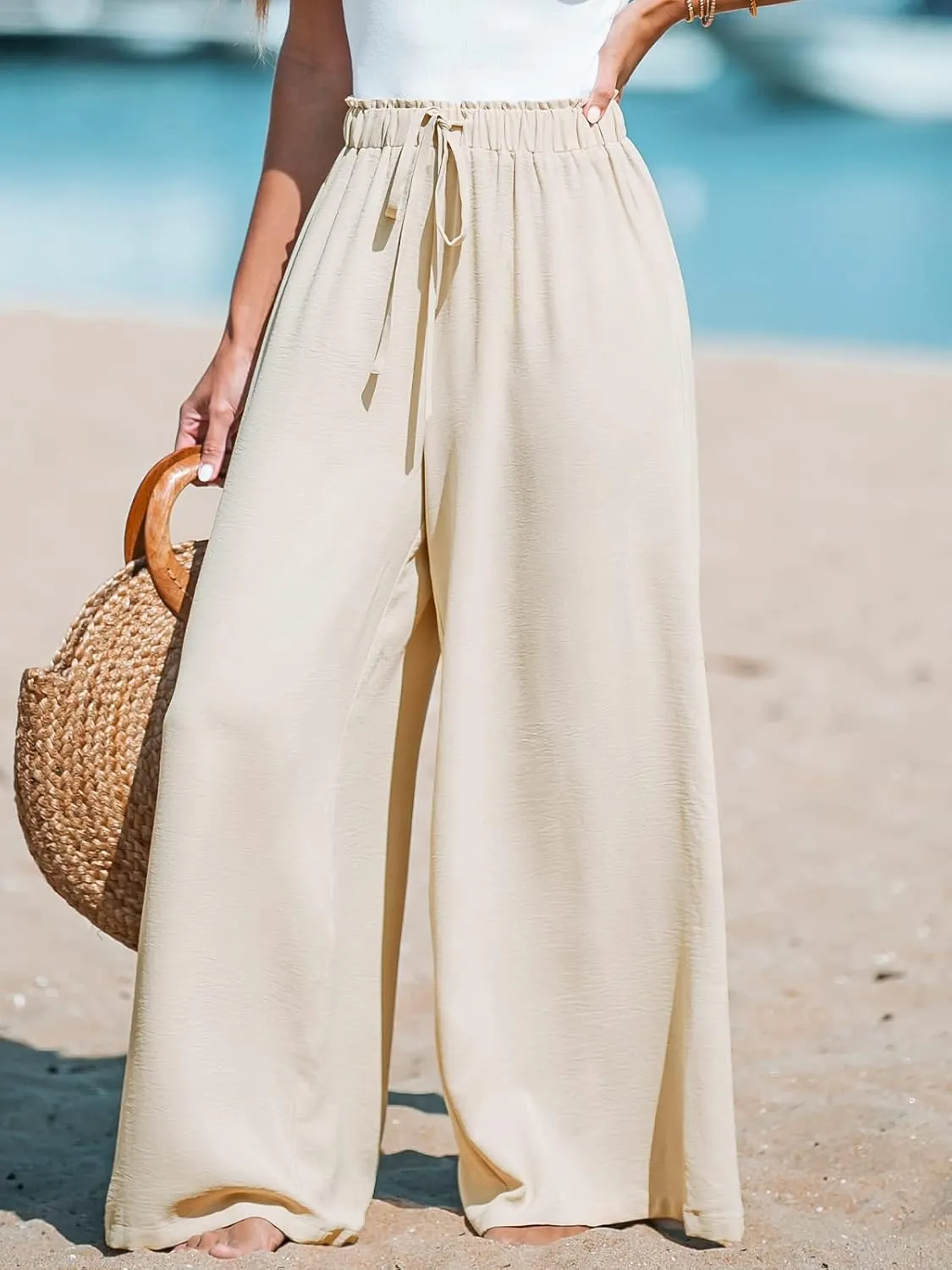 CUPSHE Women Wide Leg Pants High Waisted Trousers Linen Palazzo Lounge Beach Cover Ups Flowy Pants