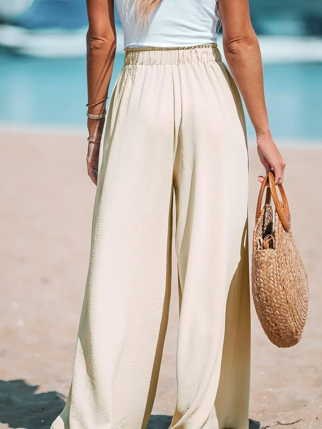 CUPSHE Women Wide Leg Pants High Waisted Trousers Linen Palazzo Lounge Beach Cover Ups Flowy Pants