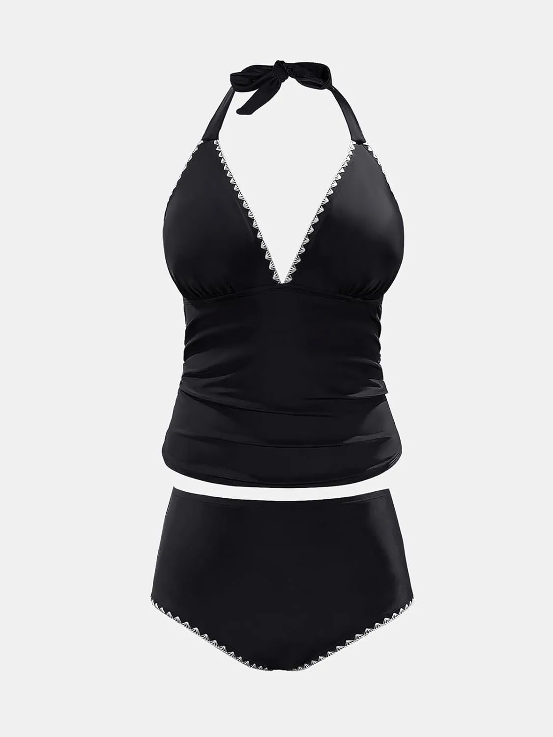 CUPSHE Womens Plus Size Tankini Sets Halter Strappy Deep V Neck Two Piece Swimsuits Shell Stitched Ruching
