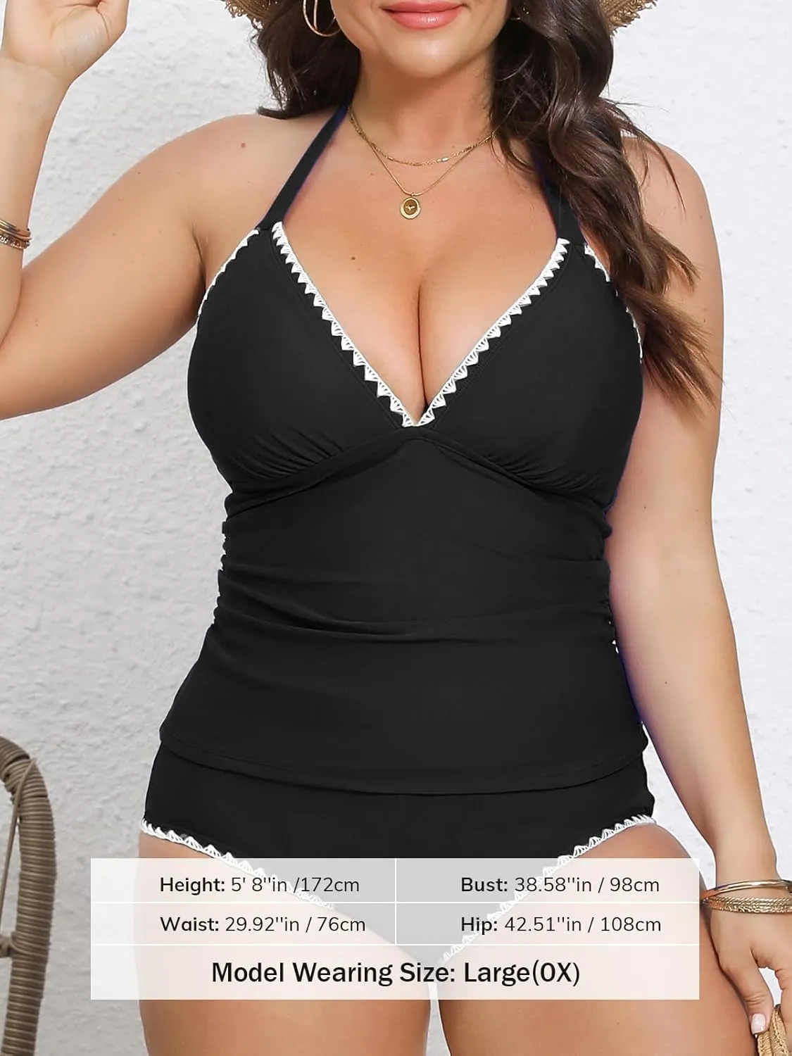 CUPSHE Womens Plus Size Tankini Sets Halter Strappy Deep V Neck Two Piece Swimsuits Shell Stitched Ruching