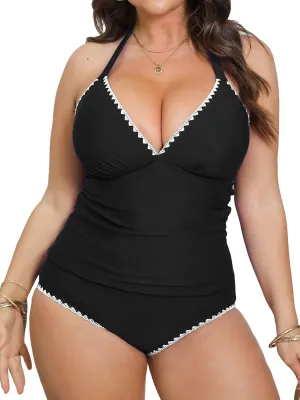 CUPSHE Womens Plus Size Tankini Sets Halter Strappy Deep V Neck Two Piece Swimsuits Shell Stitched Ruching