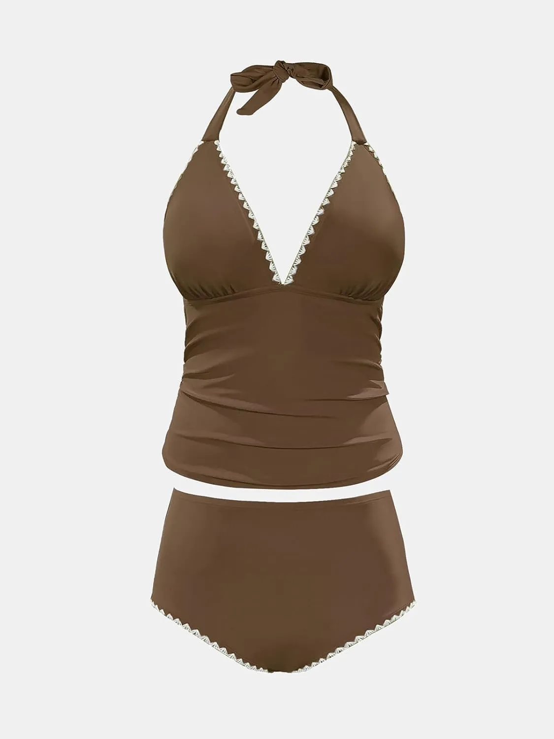 CUPSHE Womens Plus Size Tankini Sets Halter Strappy Deep V Neck Two Piece Swimsuits Shell Stitched Ruching
