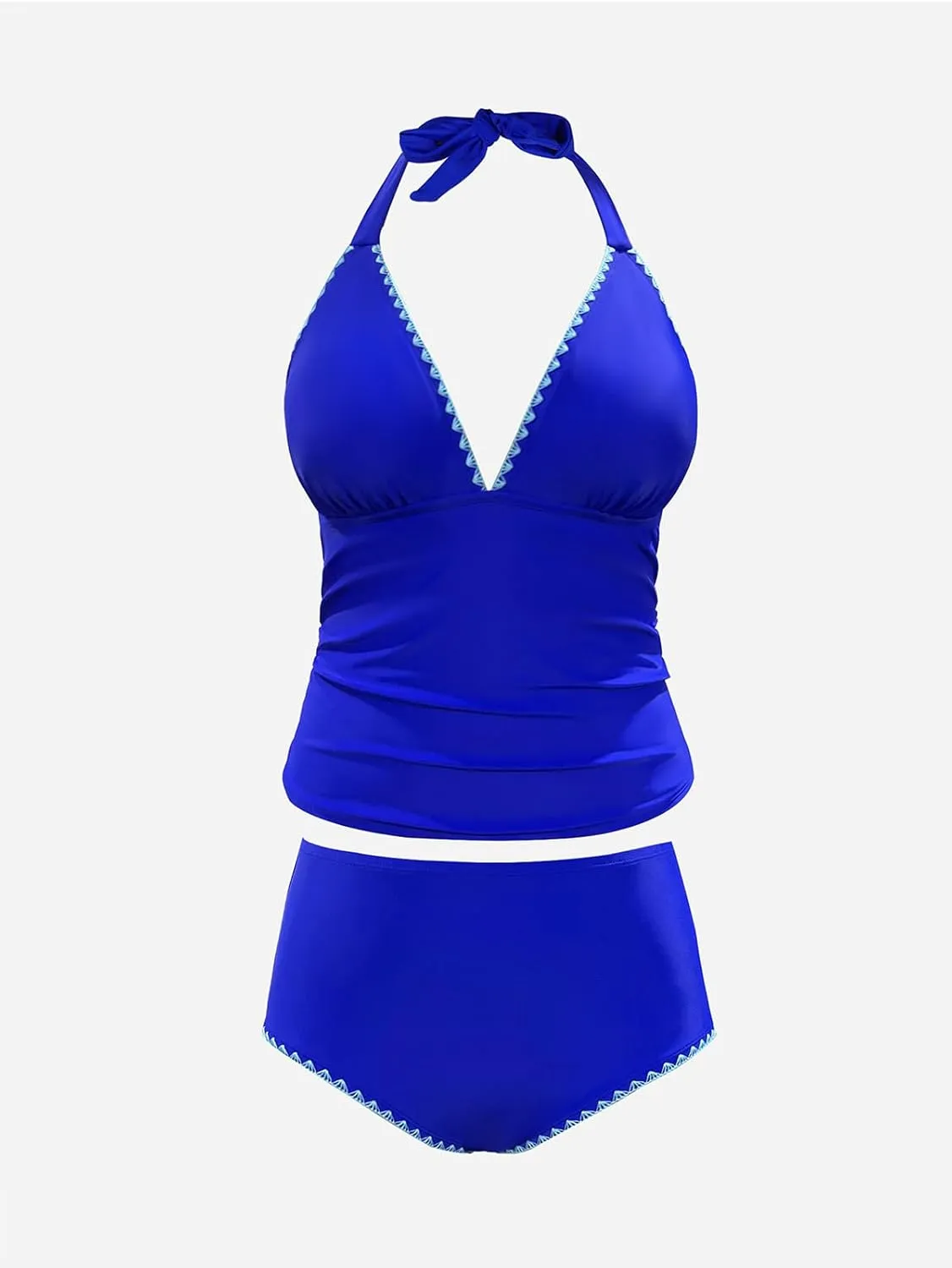 CUPSHE Womens Plus Size Tankini Sets Halter Strappy Deep V Neck Two Piece Swimsuits Shell Stitched Ruching