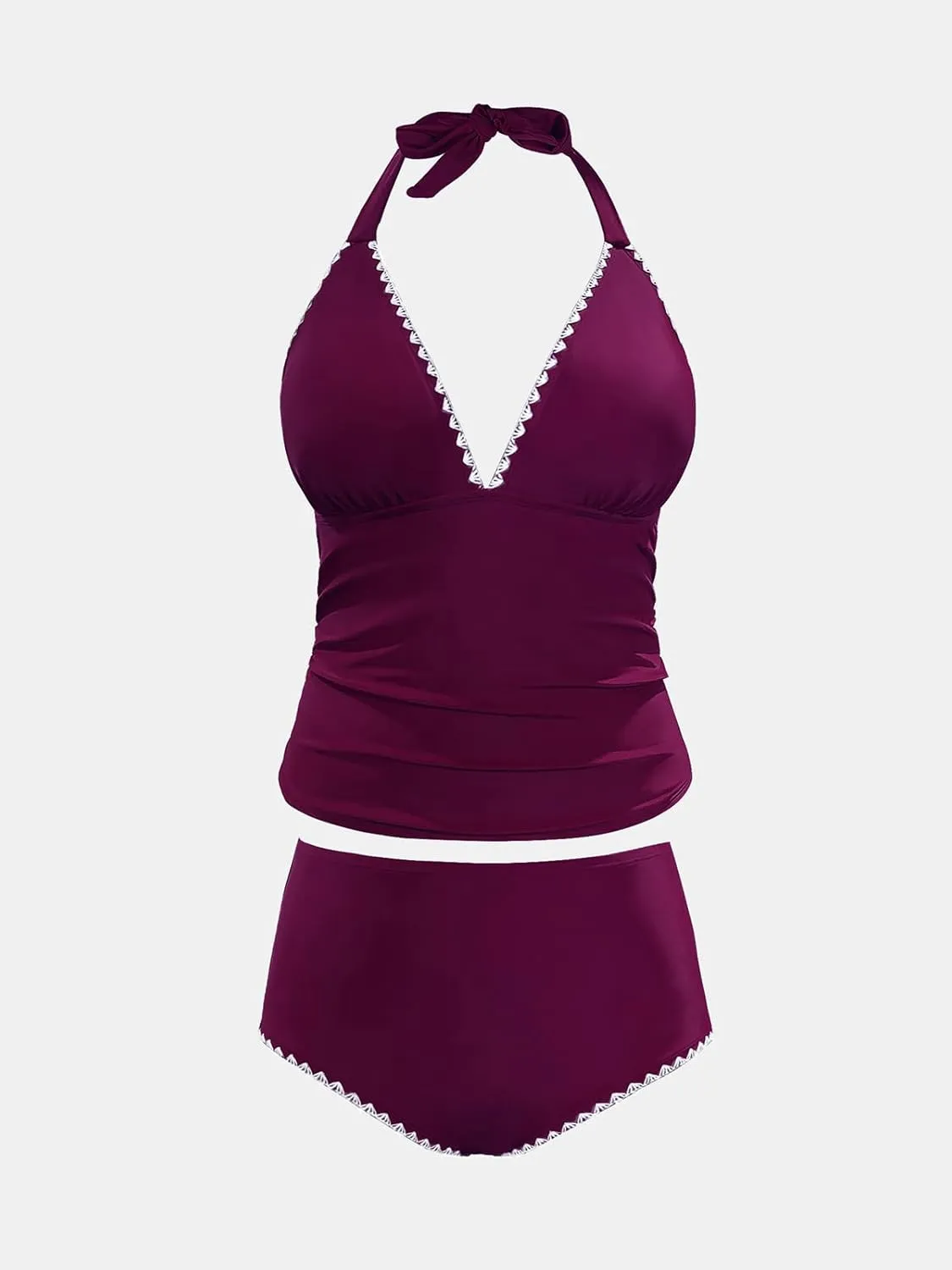 CUPSHE Womens Plus Size Tankini Sets Halter Strappy Deep V Neck Two Piece Swimsuits Shell Stitched Ruching