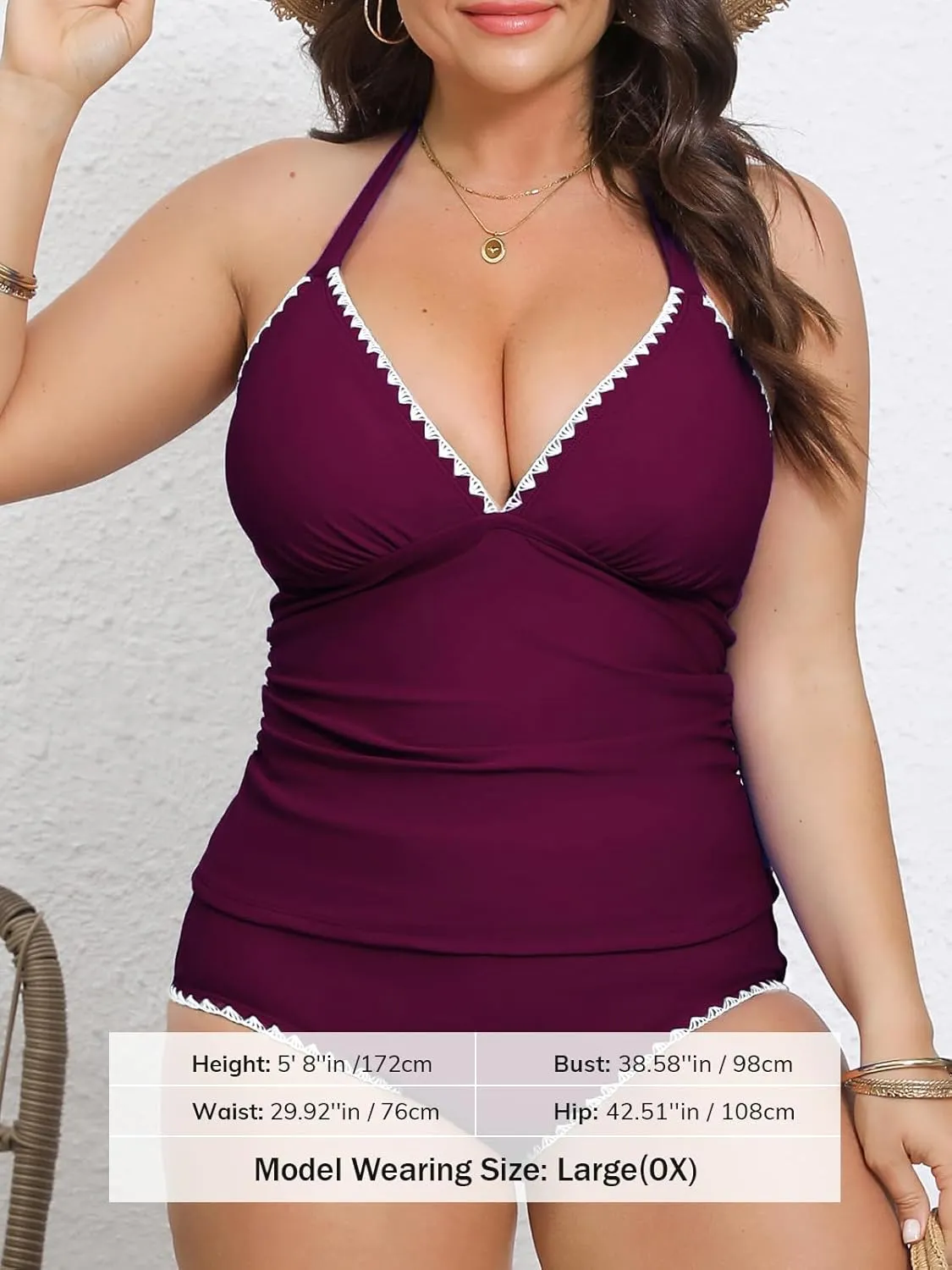 CUPSHE Womens Plus Size Tankini Sets Halter Strappy Deep V Neck Two Piece Swimsuits Shell Stitched Ruching