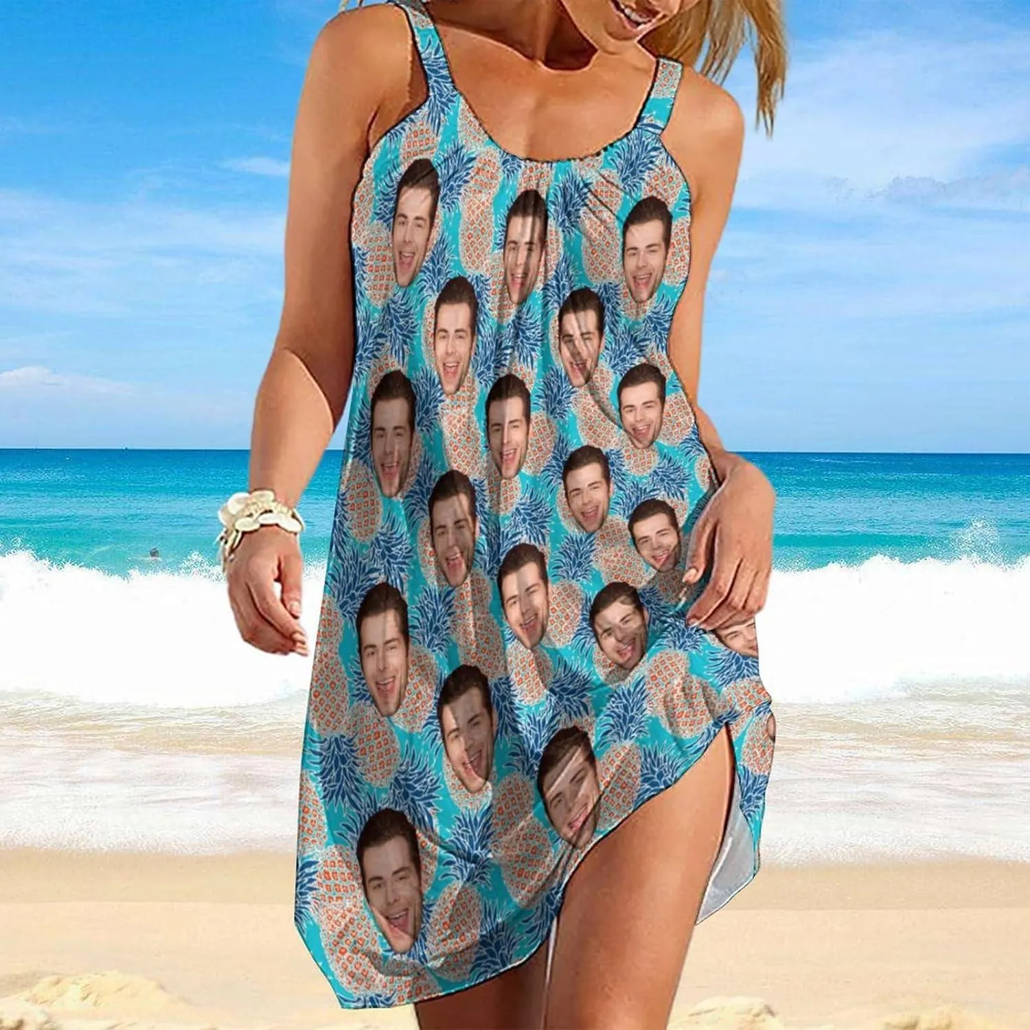 Custom Face Summer Dresses for Women Flamingo Sleeveless Beach Sundress Swimsuit Cover Ups Casual Loose Tank Dress