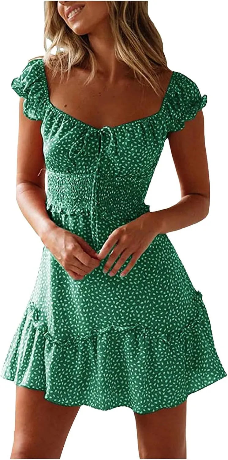 Cute Short Summer Dresses for Teens Sexy Ruffle Floral Sundresses Tie Front Pleated Boho Mini Smocked Dress