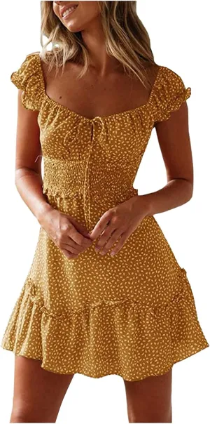Cute Short Summer Dresses for Teens Sexy Ruffle Floral Sundresses Tie Front Pleated Boho Mini Smocked Dress