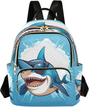 Cute Sunglasses Shark Blue Backpack Purse for Women Fashion Small Mini Daypack Purse for Lady Anti-theft Shoulder Bag with Double Zipper Weekend Bag