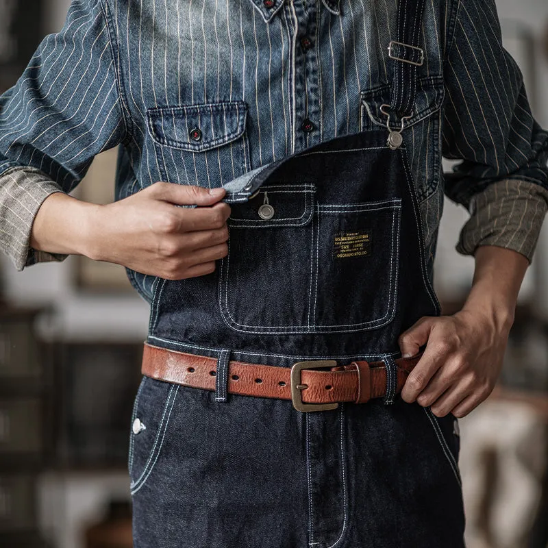 DIANHAI-Mens vintage denim denim backpack pants wide leg railroad work pants striped pants