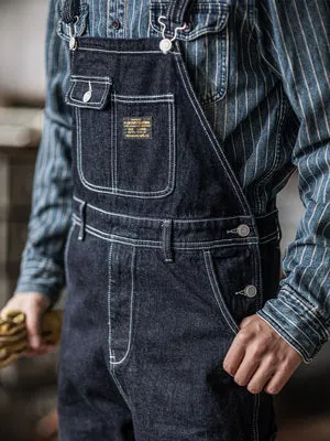 DIANHAI-Mens vintage denim denim backpack pants wide leg railroad work pants striped pants