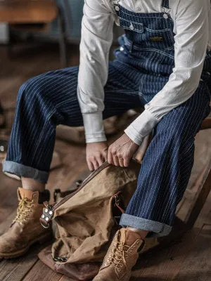 DIANHAI-Mens vintage denim denim backpack pants wide leg railroad work pants striped pants