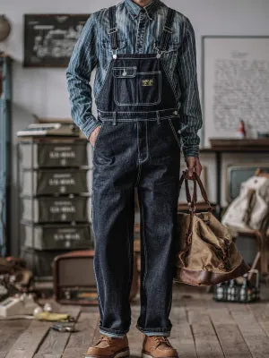 DIANHAI-Mens vintage denim denim backpack pants wide leg railroad work pants striped pants