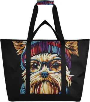 Dog Head Sunglasses Large Insulated Reusable Tote Bag for Grocery Shopping for Women Men, Cooler Bag with Zippered Top & Handles for Travel Beach Picnic