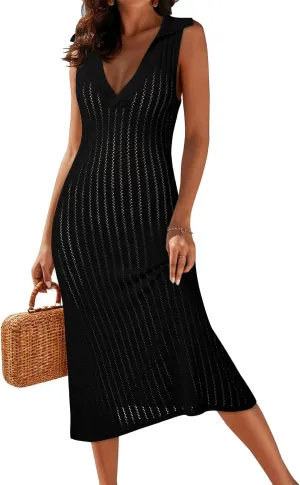 Dokotoo Womens Swimsuit Cover Ups 2024 Summer V Neck Lapel Sleeveless Crochet Knit Hollow Out Beach Coverup Midi Dress